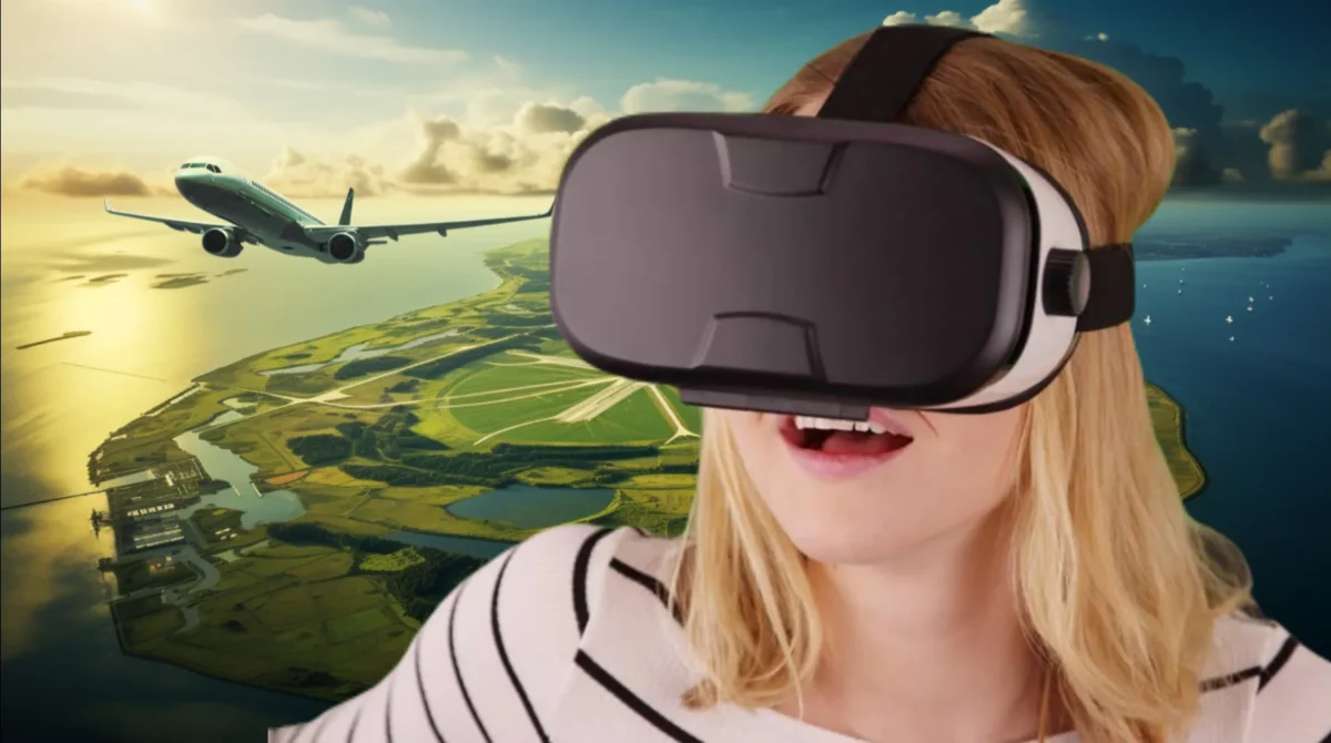 Meisje met VR bril kijkt naar animatie over Schiphol op Zee