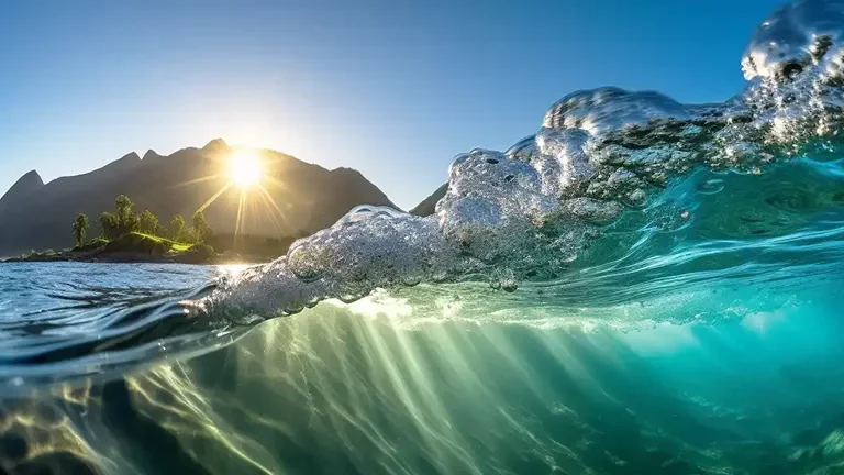 Shot waarbij je half boven water half onder kijkt naar een berg aan zee met zon op achtergrond