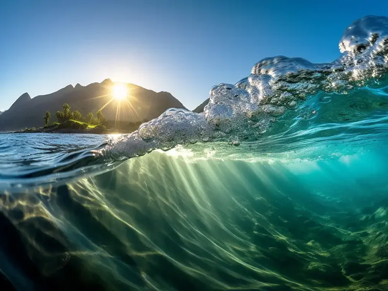 Shot waarbij je half boven water half onder kijkt naar een berg aan zee met zon op achtergrond